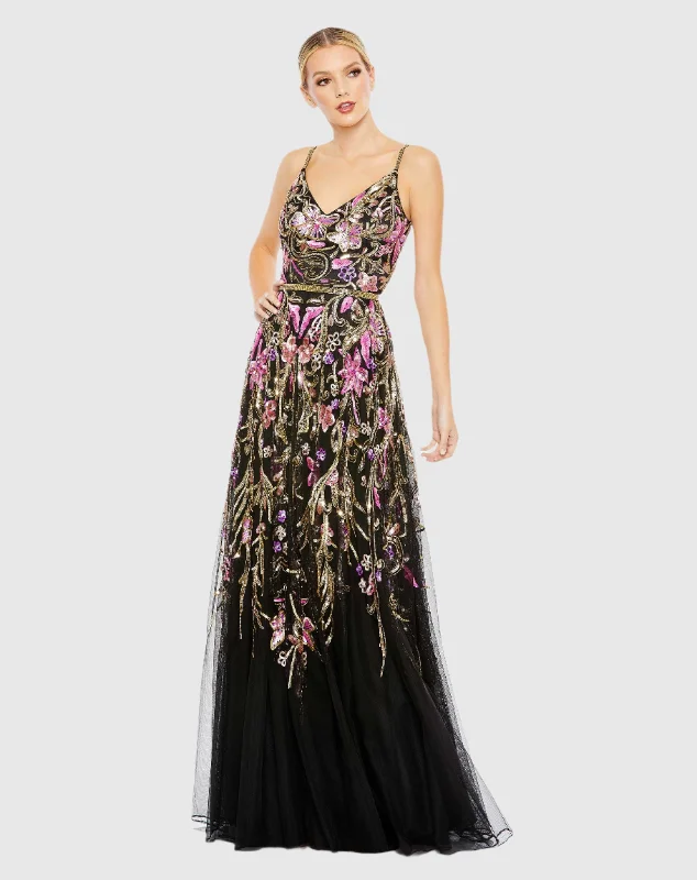 Best Deals Black V Neck Floral Embellished Spaghetti Strap Gown
