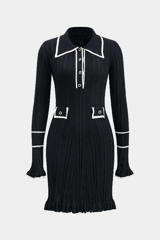 Get It Before It’s Gone Knit Button Ruffles Bell Sleeve Mini Dress