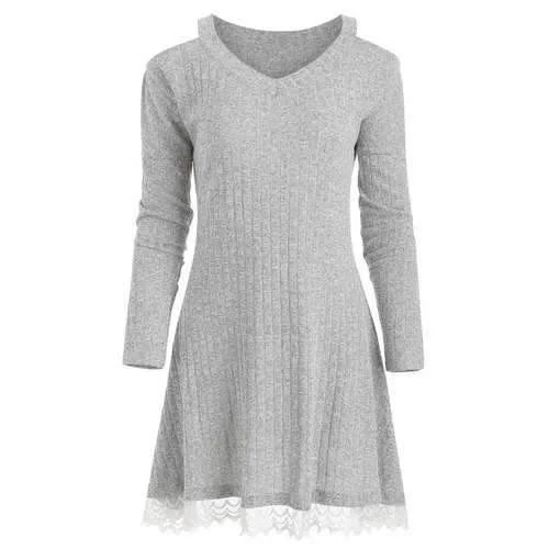 New Arrival Knit Lace Panel Cold Shoulder Dress - Light Gray L