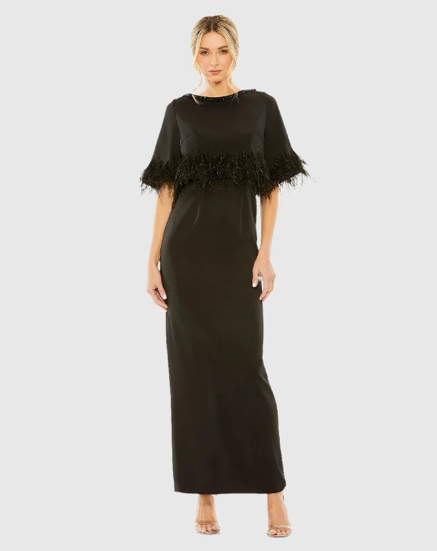 Price Break Quarter Sleeve Crystal Neck Feather Detail Dress
