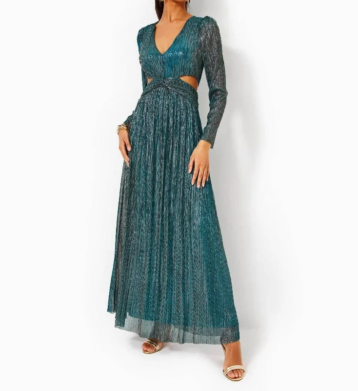 Get It Before It’s Gone Latrice Long Sleeve Maxi Dress In Blue Rhapsody Metallic Knit Crinkle