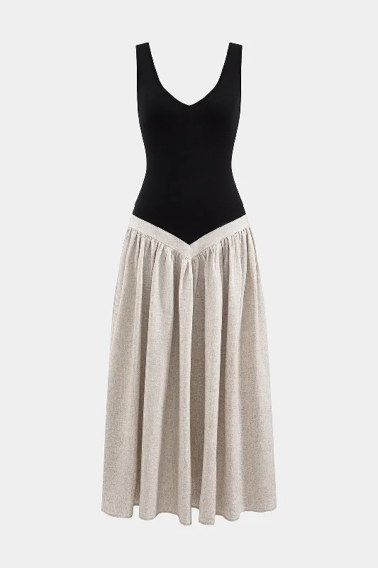 Mega Deal Linen Patchwork Ruched Sleeveless Maxi Dress