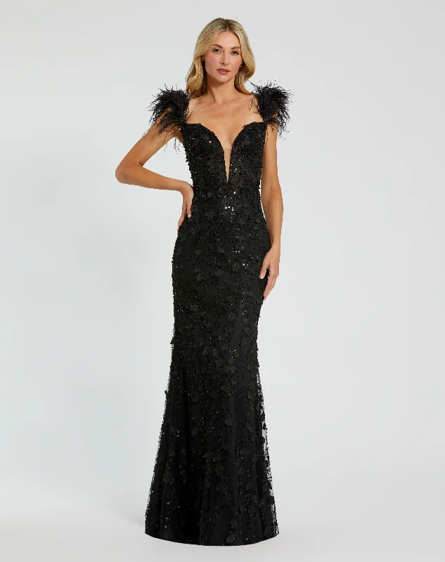 Big Discounts Black Sheer Applique Bustier Gown with Feather Straps