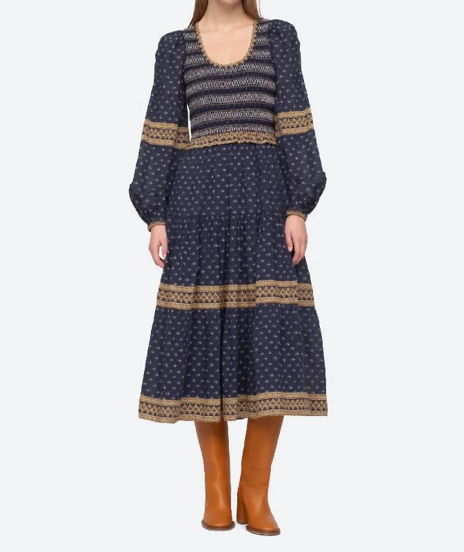 Don't Wait Arlita Print Long Sleeve U Neck Dress In Navy