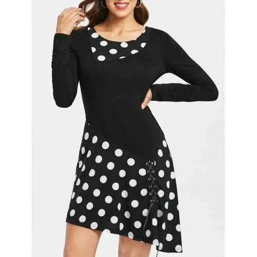 Weekend Special Polka Dot Lace Up Tunic Dress - Black S