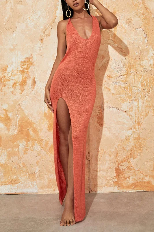 Mega Deal Tie Halter Backless Slit Crochet Knit Midi Dress