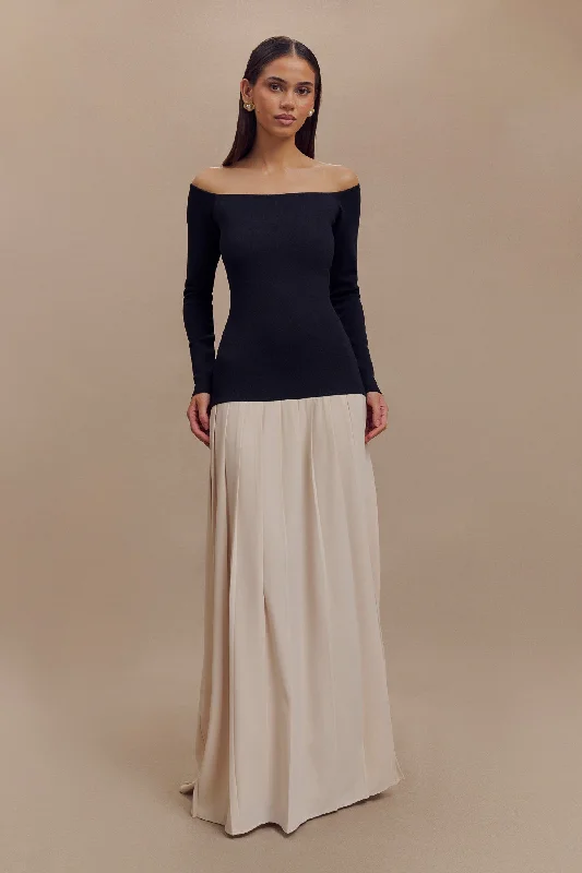 Discount Days Presley Contrast Knit Off Shoulder Maxi Dress - Navy And Cream
