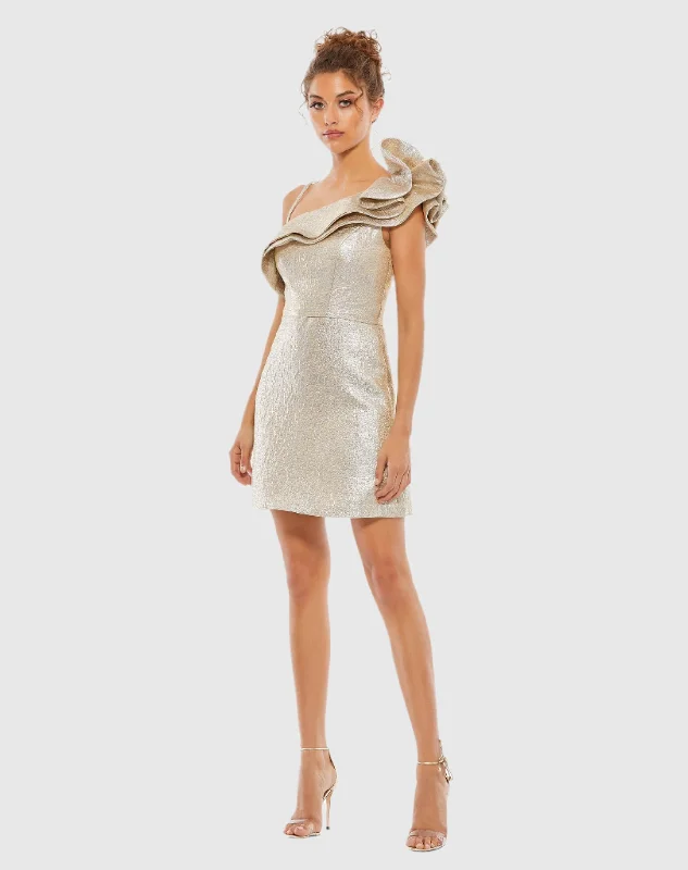 Super Bargain Metallic Asymmetrical Ruffle Shoulder Fit and Flare Dress
