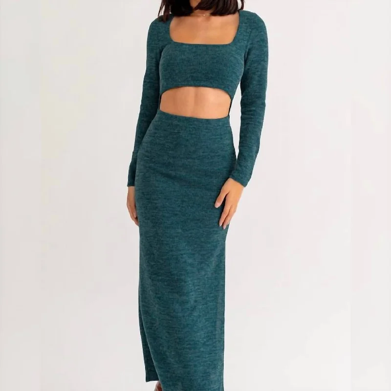 Take Advantage Long Sleeve Maxi Dress With Slit In Hunter Green