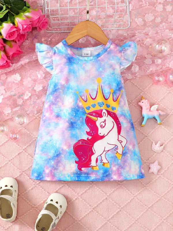 Lowest Price Unicorn Graphic Round Neck Ruffled Dress