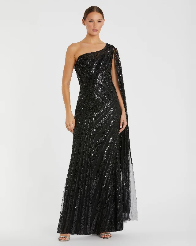 Anniversary Sale Black One Shoulder Cape Sleeve Embellished Gown