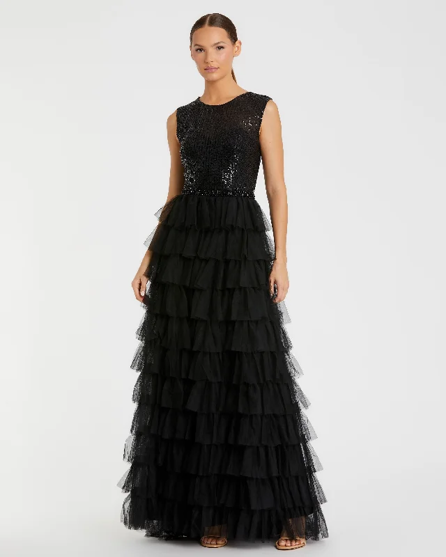 Online Only Ruffle Tiered Sequin High Neck Gown