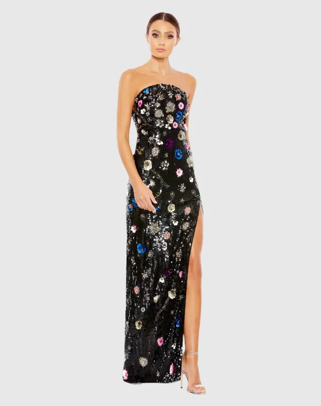 Clearance Sale Black Floral Sequined Strapless Column Gown