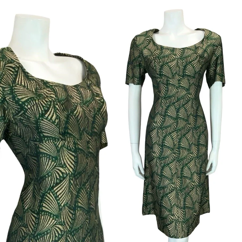 Price Rollback VTG 60S ART DECO FAN GOLD GREEN BLACK SHORT SLEEVE ROUNDED NECK DRESS 12