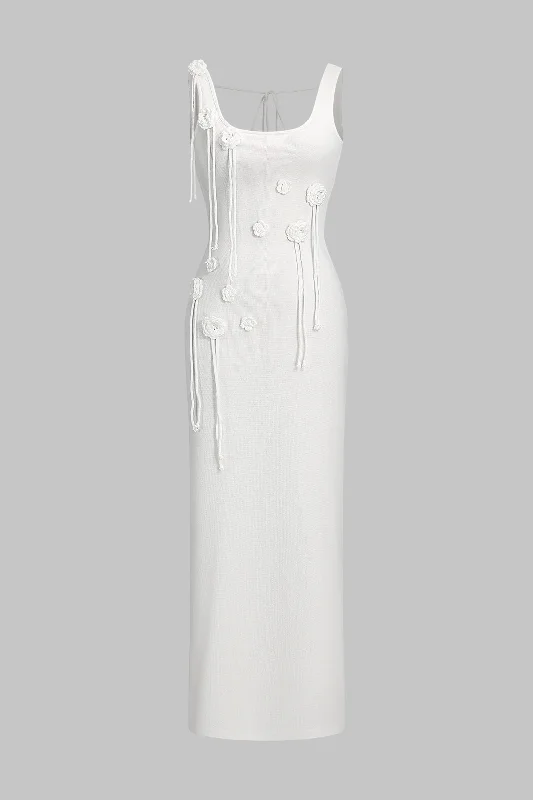 Year-End Clearance Knit 3D Flower Backless Knot Slit Dress