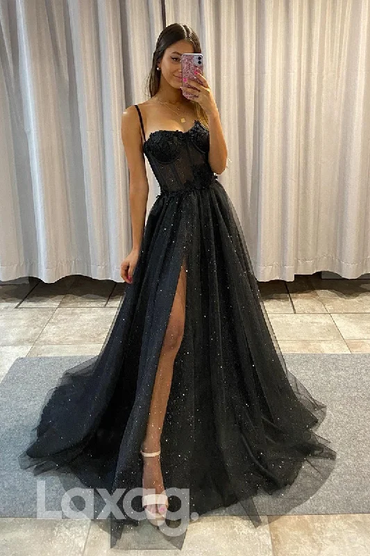 Today's Special 17787 - Spaghetti Straps Lace Applique Long Prom Dress with Slit