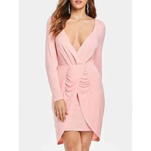 Super Bargain Ruched Plunge Bodycon Dress - Pink S