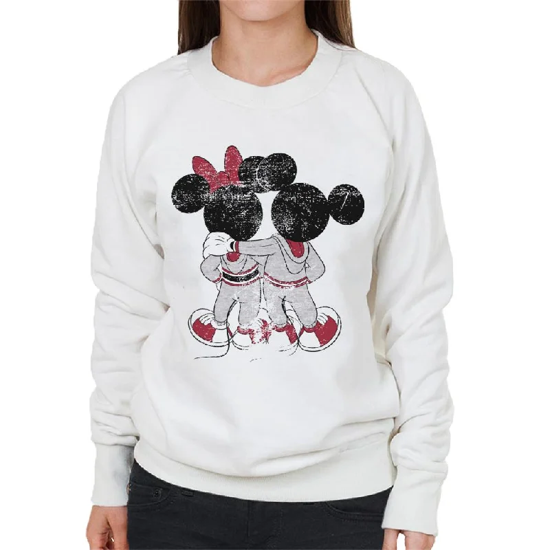 Early Bird Discount Disney Mickey And Minnie Mouse Together Distressed Back Women's Sweatshirt