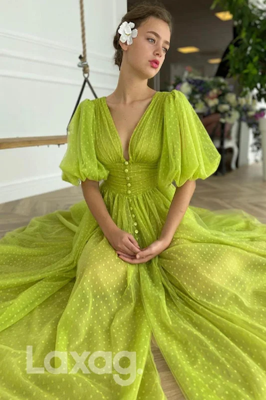 Shop and Save 17719 - A-line V-neck Short Sleeves Prom Dress with Pockets Tea Length