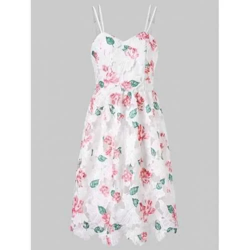 Last Chance Strappy Lace Crochet High Waist Dress - White M