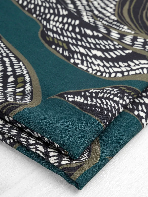 Online Only Large Graphic Leaf Print EcoVero Challis - Dark Teal + Olive + Black