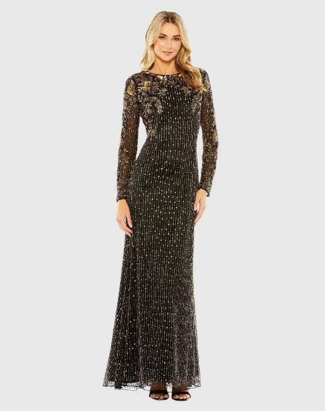 Hurry In High Neck Long Sleeve Embellished Gown