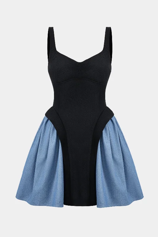 Limited Availability Denim Patchwork Ruched Sleeveless Mini Dress