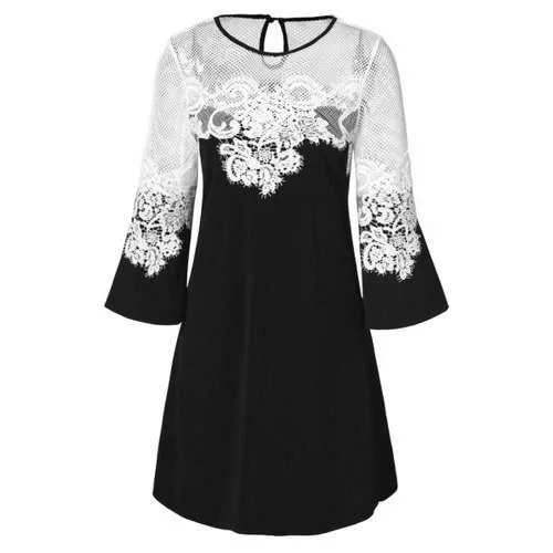 Hurry In Lace Panel Openwork A Line Dress - Black Xl