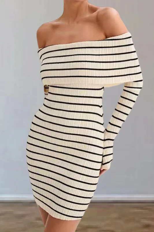 Last Chance Stripe Print Knit Wrap Off Shoulder Dress