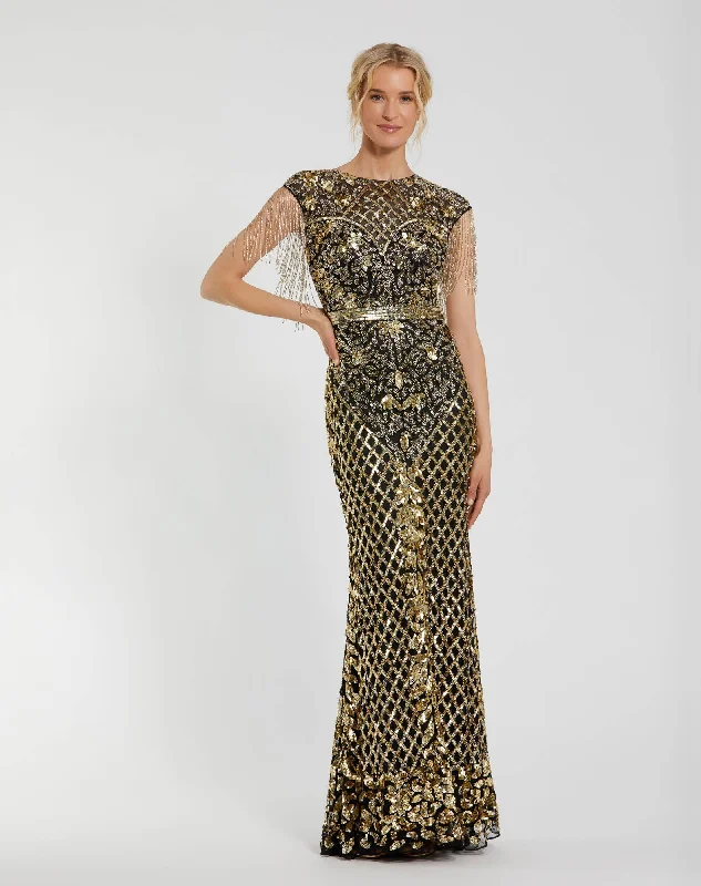 Closeout Black High Neck Sleeveless Beaded Fringe Fitted Gown