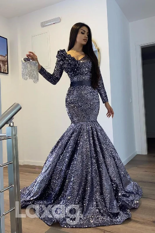 Savings Galore 17765 - Sexy V-neck 3D Appliques Long Sleeves Mermaid Formal Evening Dress