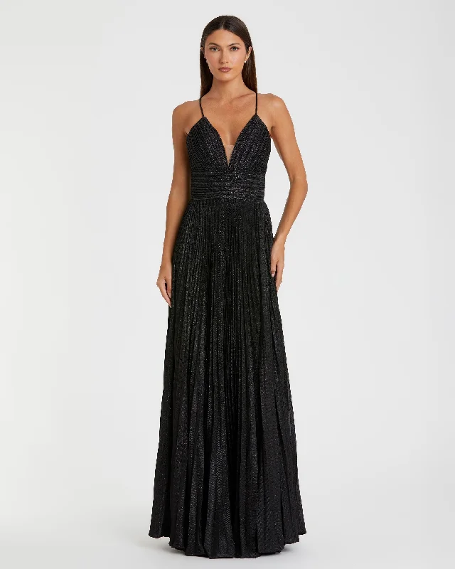 Fantastic Deals Black Shimmer Pleated V-Neck Gown