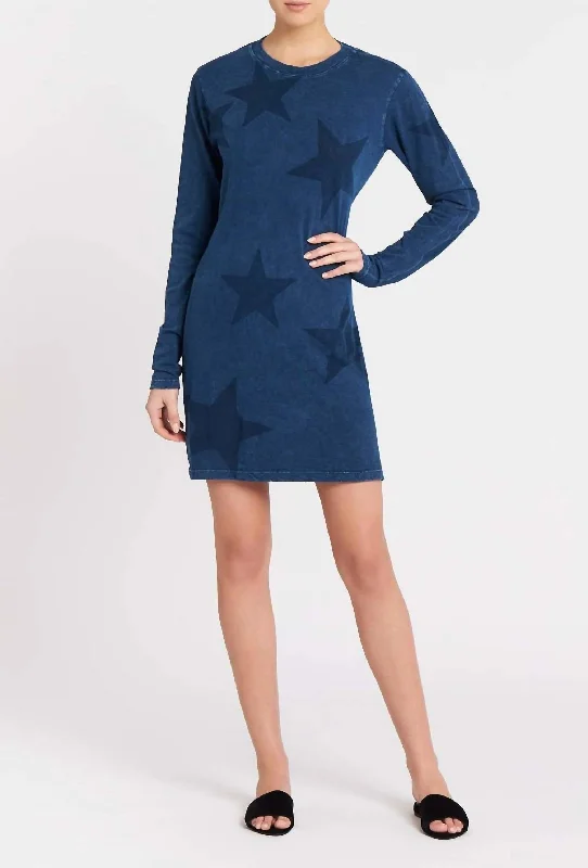 Exclusive Preview The Long Sleeve Beatnik Dress In Washed Blue Ground With Stars