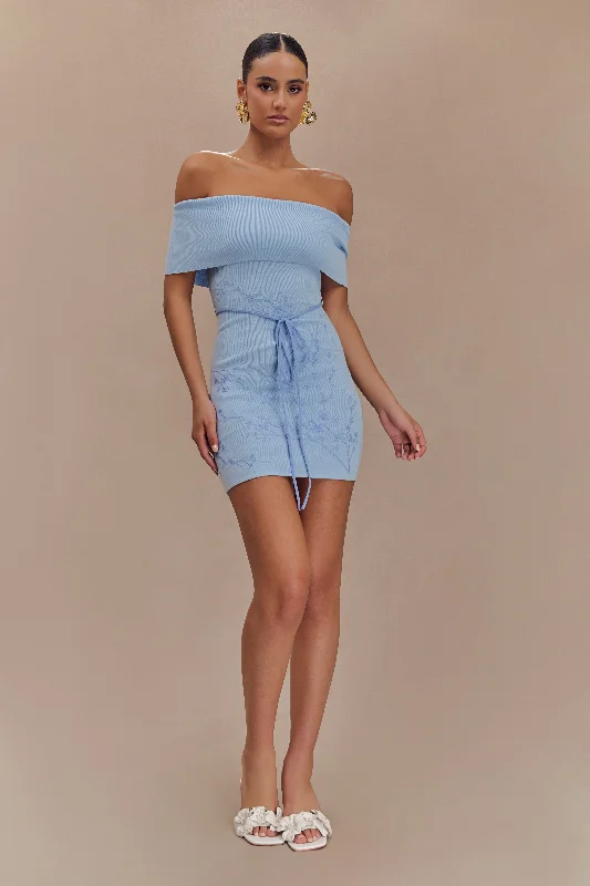 Big Discounts Mallory Off Shoulder Embroidered Knit Mini Dress - Ice Blue