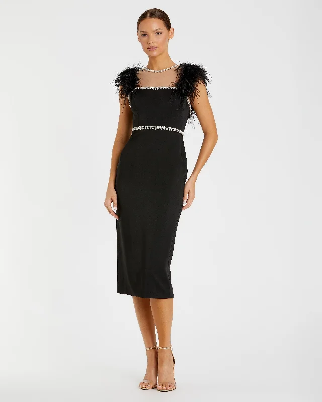 Price Reduction Black Feather Cap Sleeve Pearl Embellished Tea-length Fit Dress