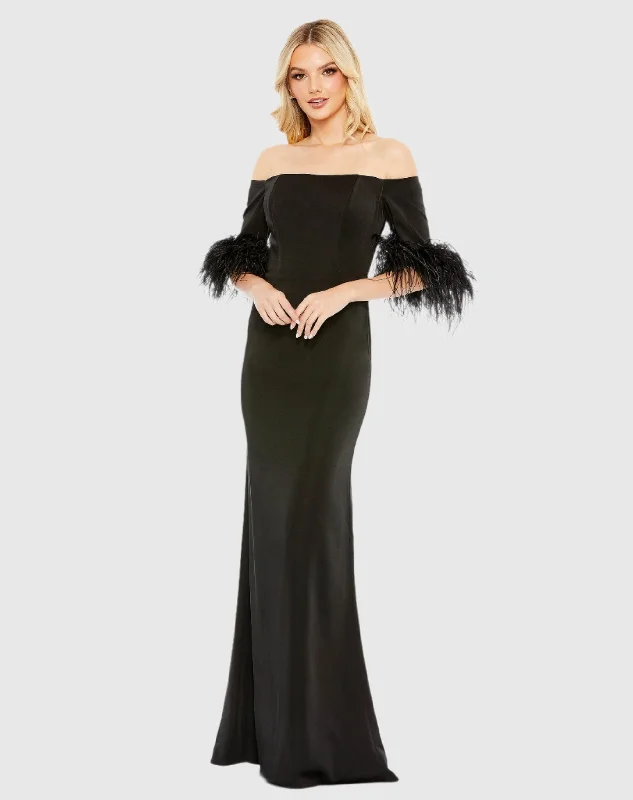 YEAR-End Clearance Black Feather Trim Off The Shoulder Column Gown