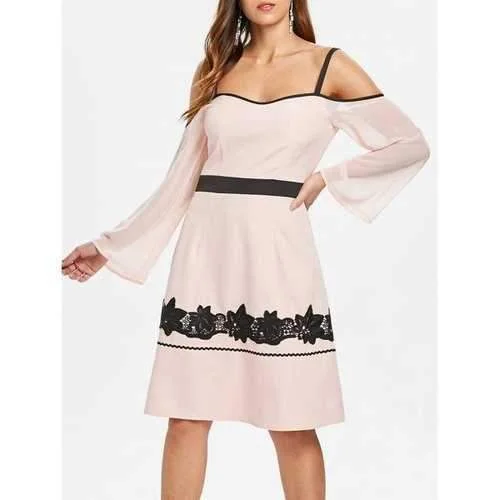 Special Savings Contrast Trim Casual Flared Dress - Pink Bubblegum S
