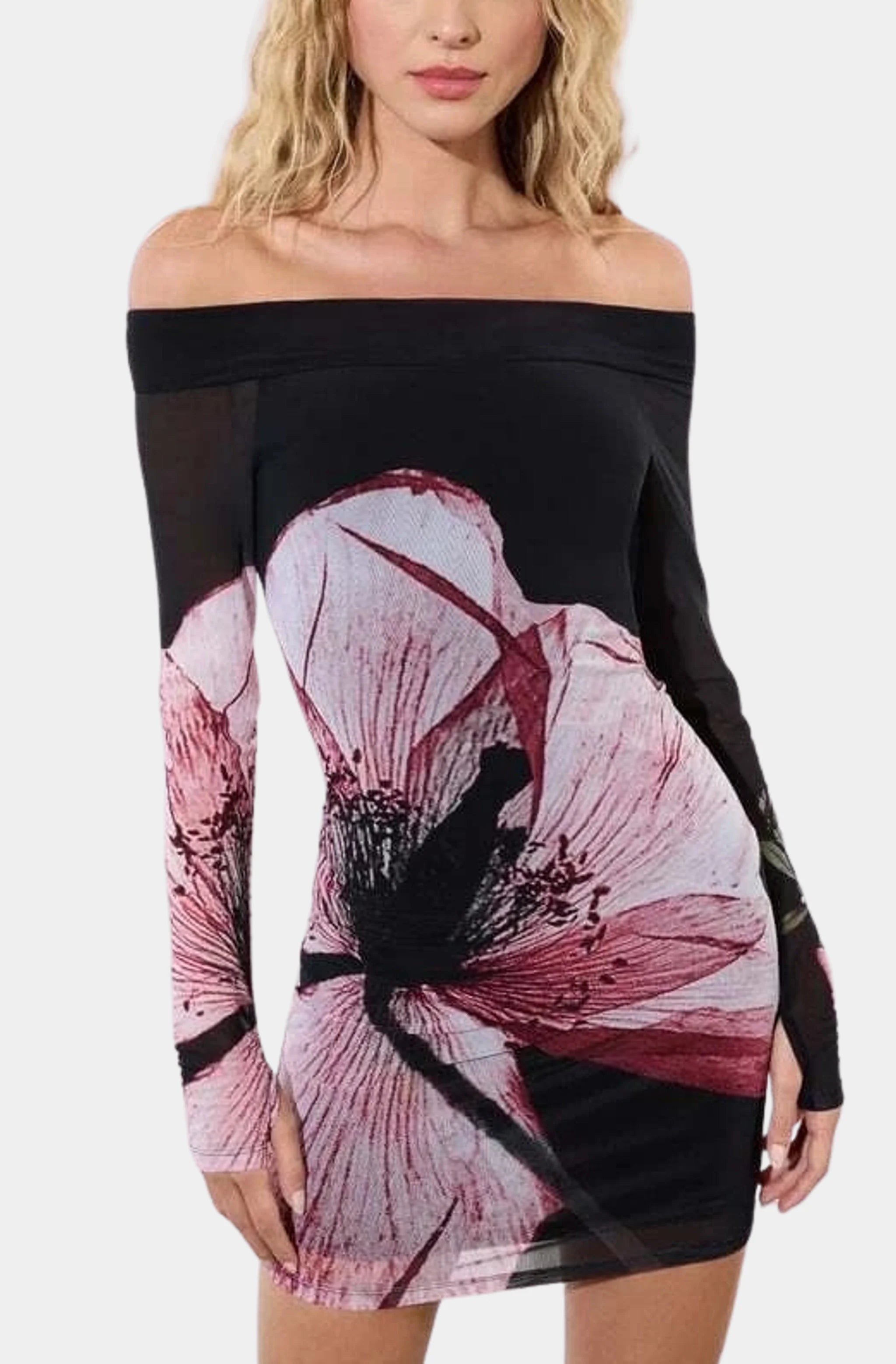 Bargain Blast Dorinda Off the Shoulder Mini Dress with Thumbholes