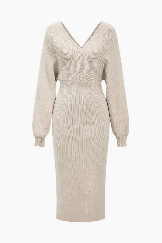Holiday Sale Knit Long Sleeve V-Neck Slit Dress