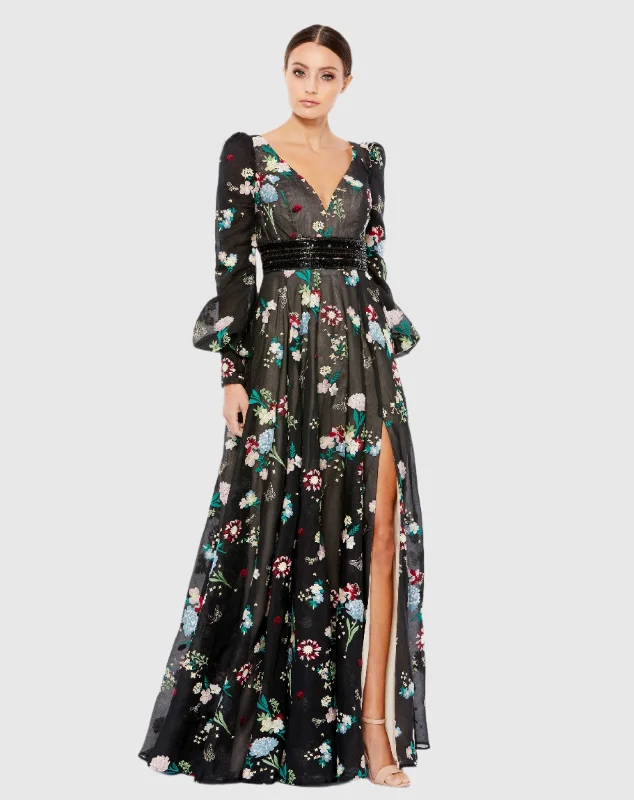 Price Cut Embroidered Bishop Sleeve V Neck Flowy Gown