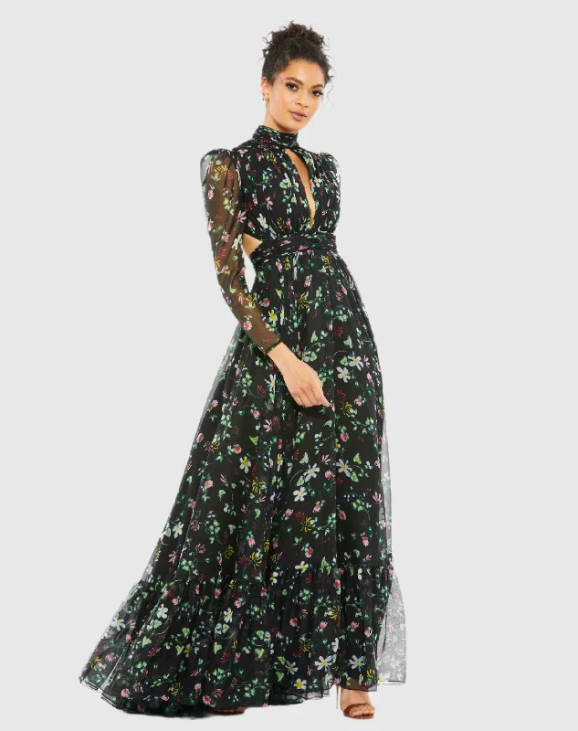 Bargain Bin Floral High Neck Puff Sleeve Gown