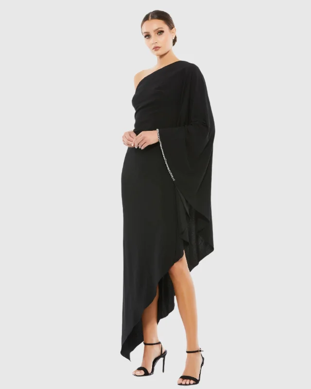 Weekend Deal Black One Shoulder Asymmetrical Hem Flowy Dress