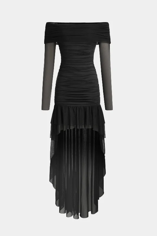 Midnight Madness Mesh Ruched Off Shoulder Long Sleeve Midi Dress