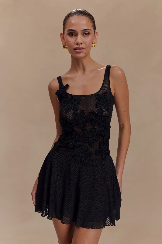 Amazing Deals Melanie Mesh Mini Dress With Flowers - Black