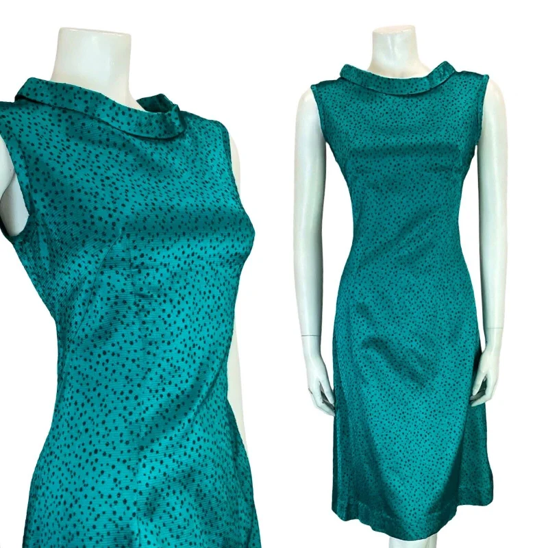 Overstock Sale VTG 60S TEAL BLUE BLACK DOTTY SHINY TIE NECK SLEEVELESS OCCASION DRESS 12
