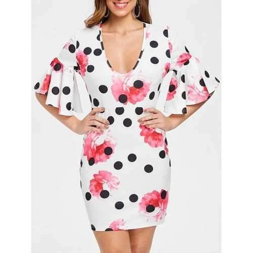 Take Advantage Floral Polka Dot U Neck Skinny Dress - White Xl
