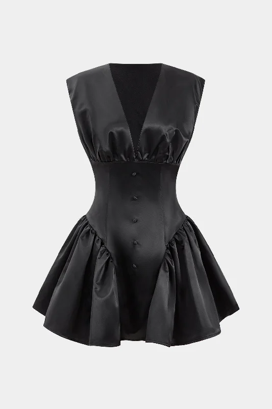 Year-End Sale Satin Button Ruched Mini Dress