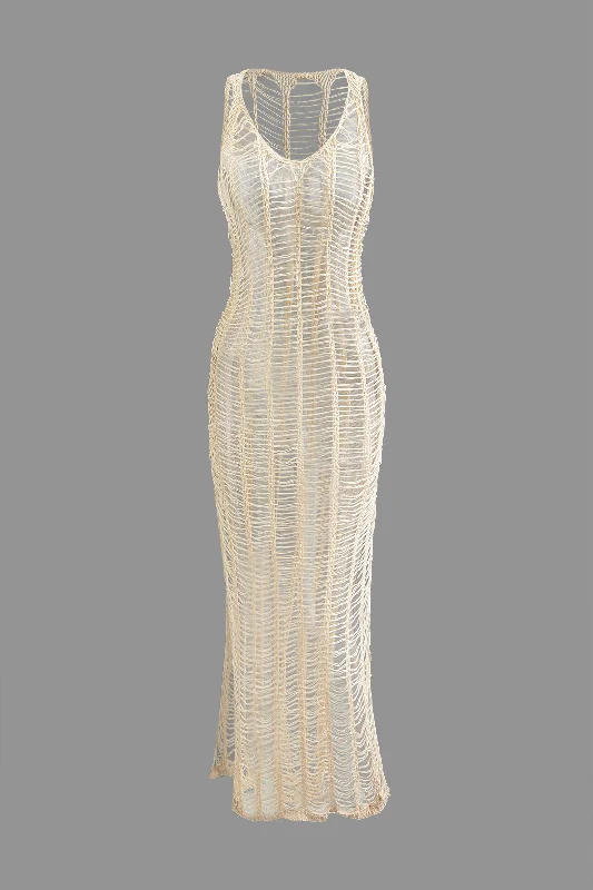 Price Meltdown V-neck Sleeveless Open Knit Slit Dress