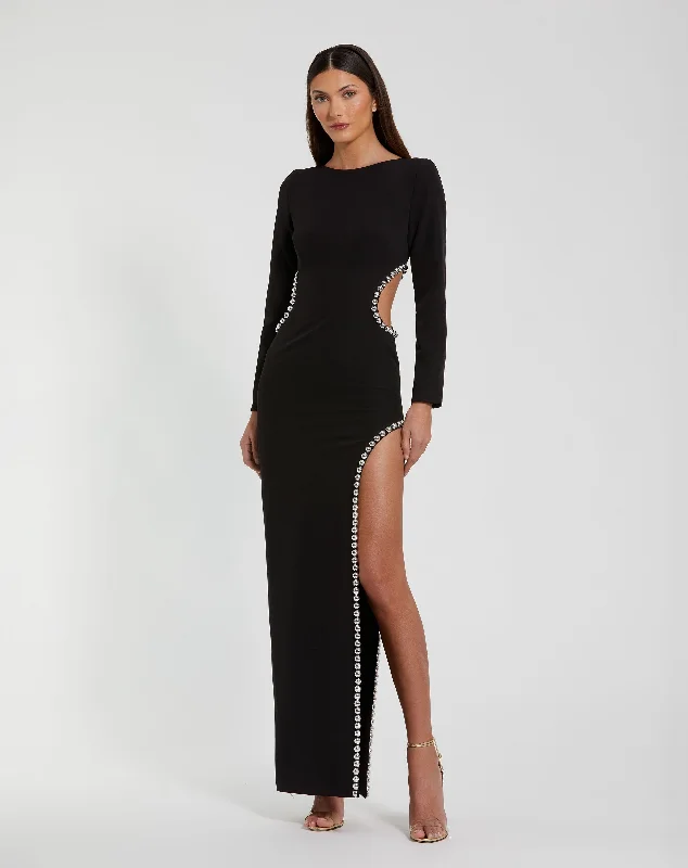 Act Now Black Crepe Long Sleeve Gown With Beaded Cut Outs