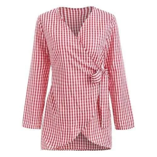 Savings Alert Gingham Front Tie Blouse - Red M